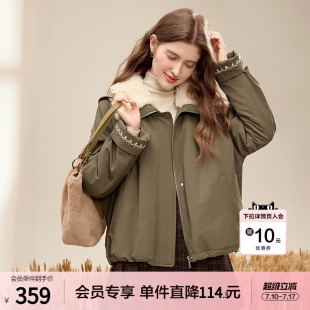 betu百图军绿色拼接毛领加厚棉衣外套女2025年冬季新款保暖棉袄