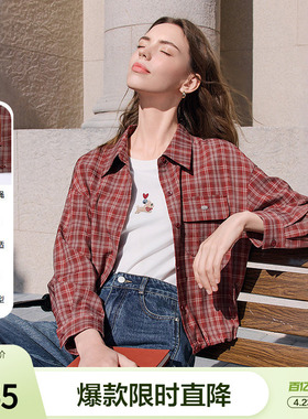 betu百图英伦风红色格子衬衫女长袖2026年春季新款显瘦衬衣外套