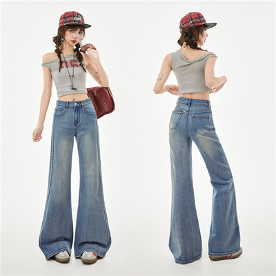 【甜甜穿常规S码】绣花侧边微喇宽松直筒显瘦喇叭牛仔裤弹力