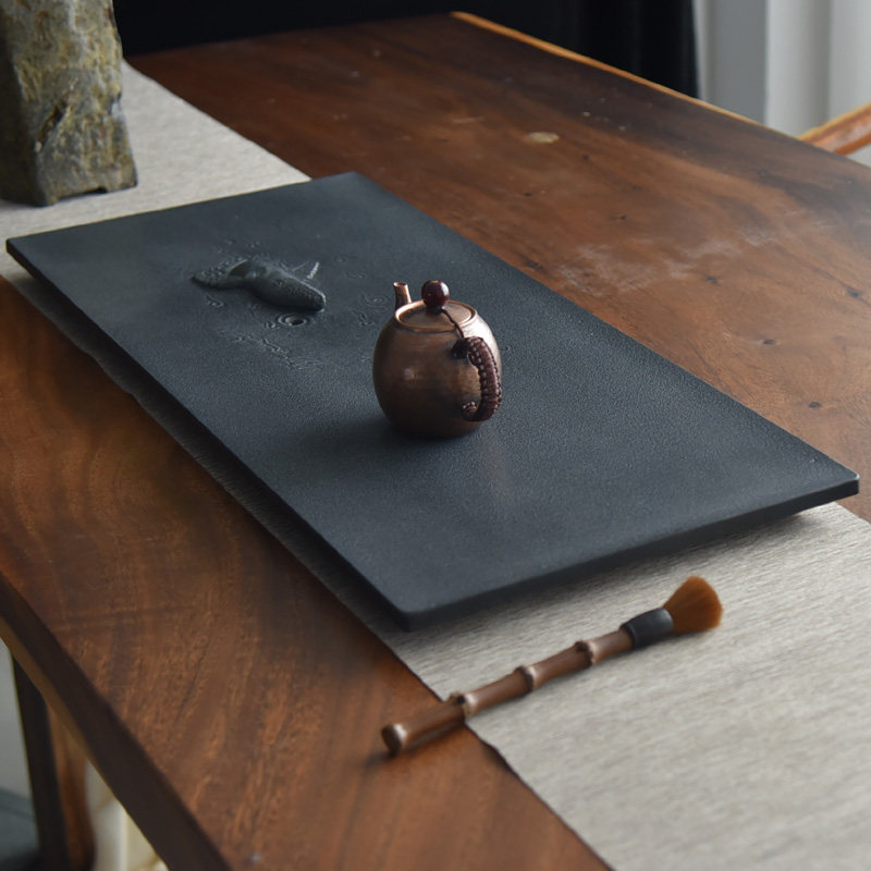 超大石茶盘原创浮雕天然整块手工乌金石头雕刻个性茶台茶桌