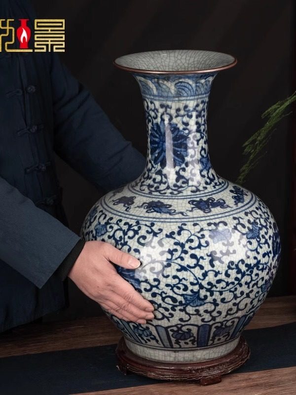 景德镇陶瓷器民宿手绘青花瓷落地大花瓶开片裂纹酒店客厅居家摆件
