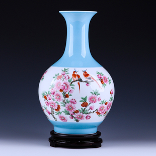 景德镇陶瓷器7501水点桃花粉彩花瓶摆件中式 饰 家居客厅插花酒柜装