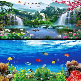 鱼缸背景新高清贴图定制海底字画流水生财缸外免胶自粘水族箱壁纸