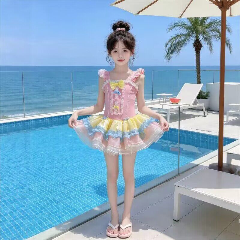 女童夏季公主泳衣儿童甜美连体无袖小女孩粉色蕾丝洛丽塔女童泳衣