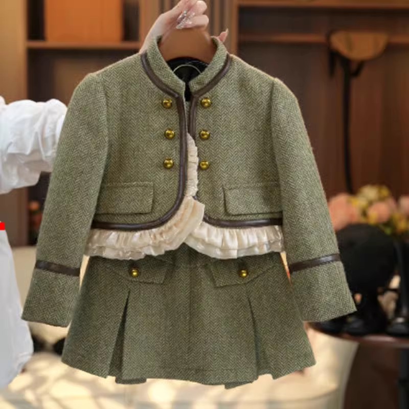 女童小香风套装裙冬款儿童宝宝花边夹棉外套裙子母女亲子装两件套