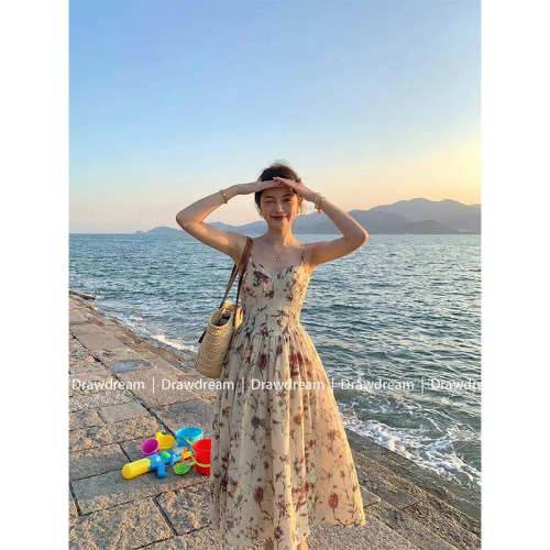 Drawdream 法式浪漫碎花吊带连衣裙女春夏氛围感绝美气质A字长裙