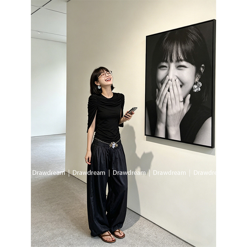 Drawdream 设计感小众褶皱开叉五分袖T恤女时尚气质收腰显瘦上衣