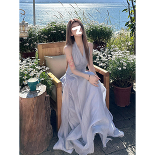 Drawdream 超仙氛围感V领大摆无袖挂脖连衣裙女温柔气质收腰长裙