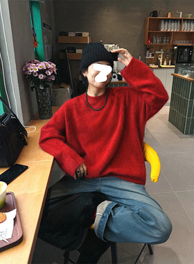 Drawdream 时髦休闲百搭红色圆领长袖毛衣女秋冬洋气减龄宽松上衣