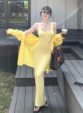 Drawdream 时尚休闲宽松衬衫外套女辣妹黄色吊带包臀连衣裙两件套