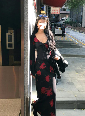Drawdream 法式chic黑色V领印花长袖连衣裙女时尚复古收腰长裙子