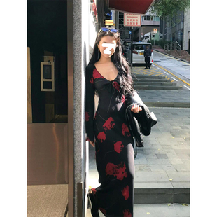 Drawdream 法式chic黑色V领印花长袖连衣裙女时尚复古收腰长裙子