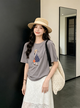 Drawdream 韩系灰色卡通印花印花短袖T恤女圆领正肩宽松减龄上衣