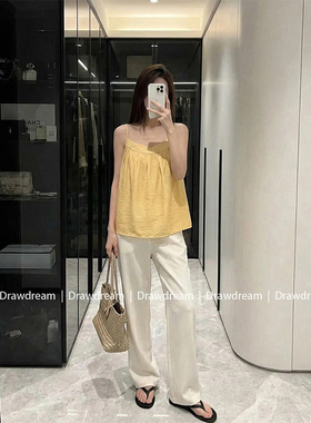 Drawdream 度假风黄色细肩带褶皱吊带背心女夏季宽松显瘦气质上衣