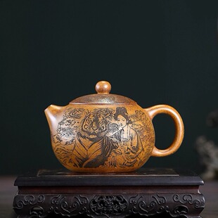 壶塘观色550ml原矿龙骨金砂手工刻绘大西施紫砂茶壶美女老虎西施