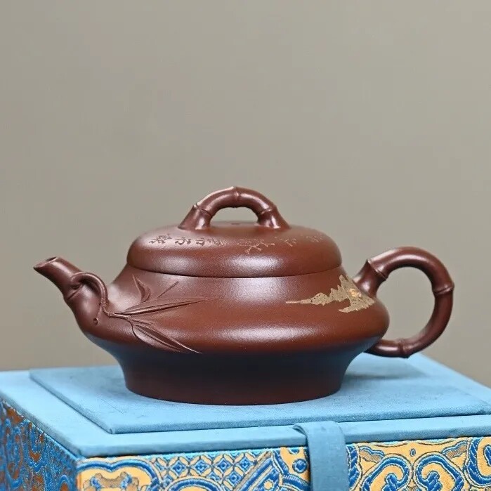 竹节壶竹叶原矿一厂老紫泥虚扁壶