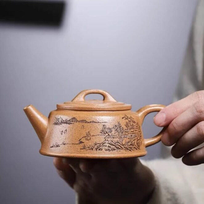 茶壶山水鱼罩壶原矿五彩段泥线