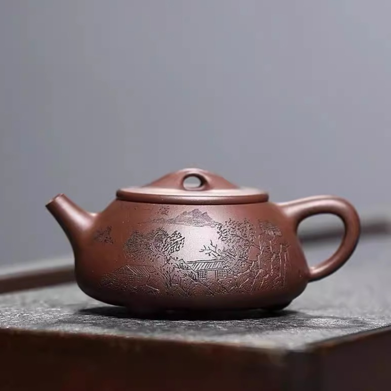 200毫升宜兴紫砂壶手工泡茶壶山水淡泊明志原矿老紫泥景舟石瓢壶