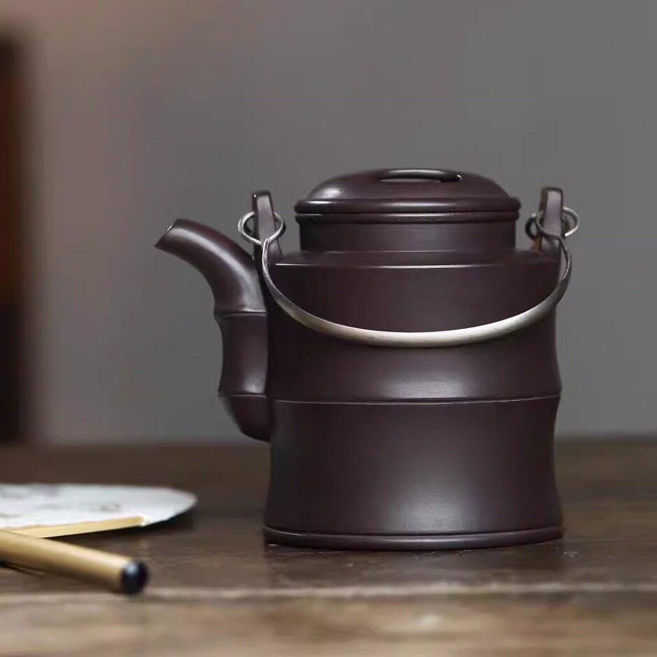 430毫升宜兴紫砂壶纯手工原矿老紫泥竹节洋桶壶泡茶壶中式提梁壶