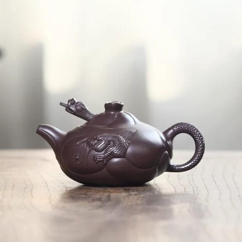 240毫升宜兴紫砂壶手工泡茶壶收藏茶壶龙头壶原矿老紫泥鱼化龙壶