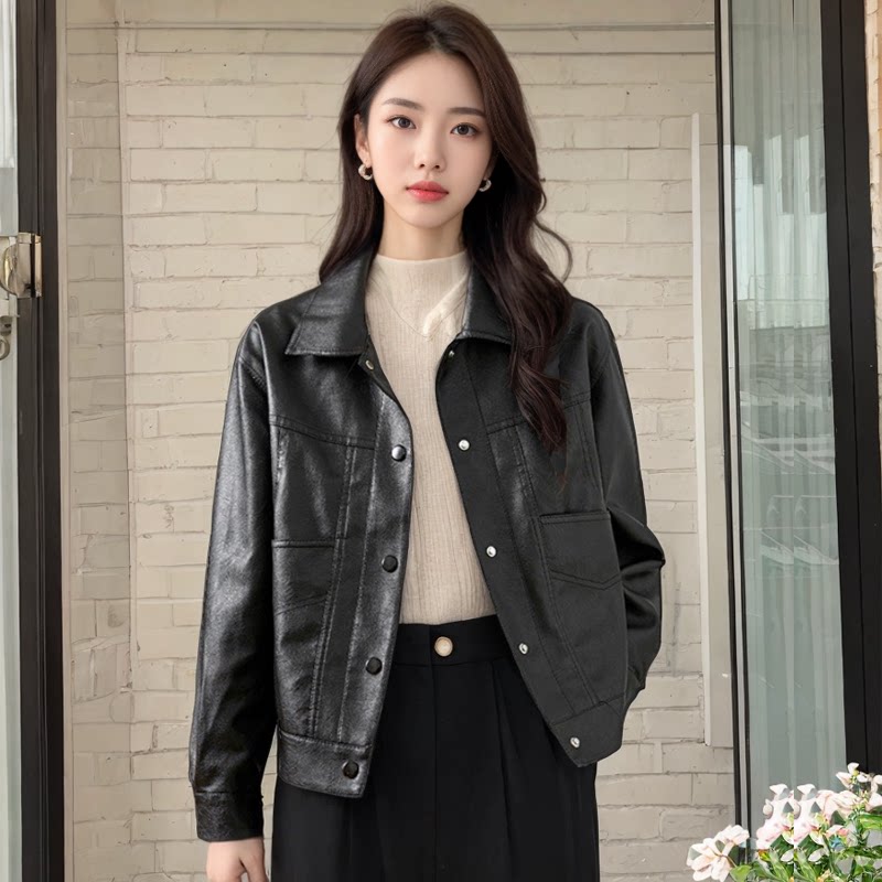 黑色皮衣女春秋新款机车夹克服PU皮短款小个子上衣大码女装短外套