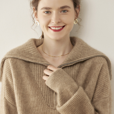 慵懒大码拉链海军领双股加厚纯山羊绒衫女翻领毛衣宽松针织打底衫