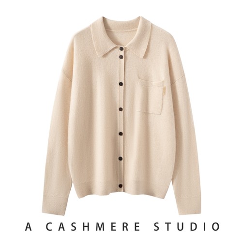 BC同款 100%纯山羊绒衫女polo翻领毛衣秋冬落肩针织开衫衬衣外套