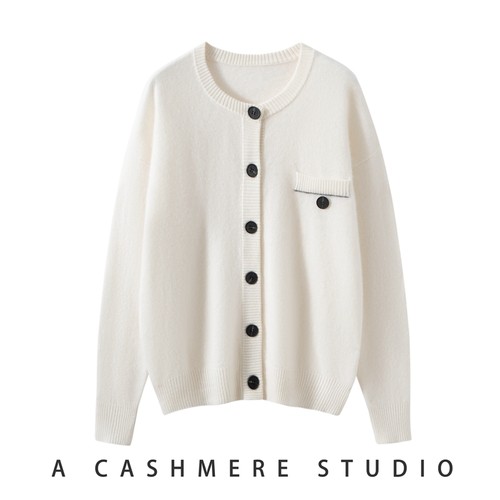 BC同款 圆领100%纯山羊绒衫女针织开衫25秋冬单排扣纯色毛衣外套