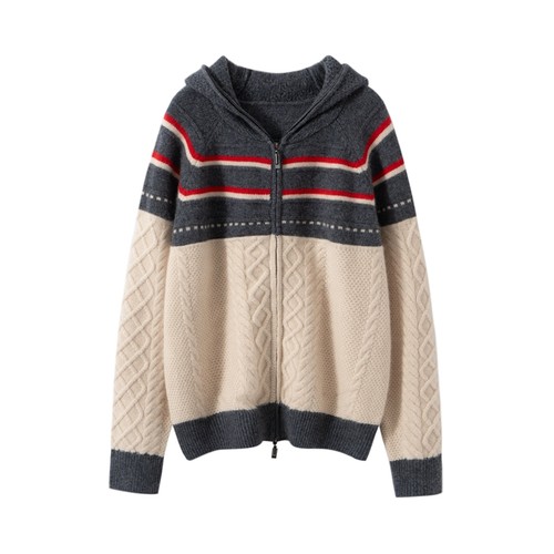 BC同款 双拉链连帽衫女100%纯山羊绒衫秋冬拼色针织开衫毛衣外套