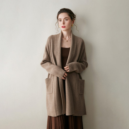 2025年新款山羊绒衫女V领针织开衫宽松慵懒风毛衣外套上衣显瘦