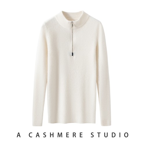 BC同款 抽条修身100%纯山羊绒衫女半高领毛衣显瘦针织拉链套衫