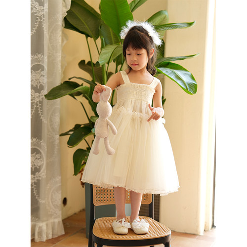 AnyinGirl 儿童网纱生日裙女宝宝重工连衣裙高级感白色公主裙子