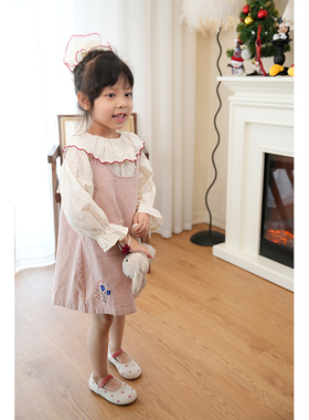 AnyinGirl 春季儿童粉色牛仔连衣裙卡通兔子刺绣女宝宝背心裙子
