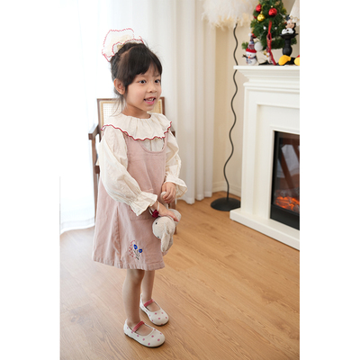 AnyinGirl 春季儿童粉色牛仔连衣裙卡通兔子刺绣女宝宝背心裙子