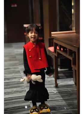AnyinGirl 100%羊毛新中式马甲女宝宝毛呢国风马夹儿童拜年服唐装