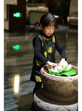 AnyinGirl 新中式织锦缎夹棉旗袍裙女宝宝拜年服小女孩新年衣服