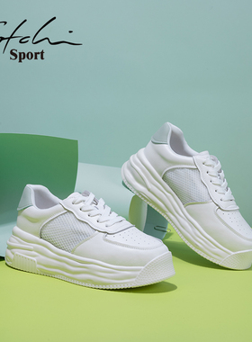 沙驰厚底小白鞋女新款潮鞋网面厚底白色运动鞋女款飞织休闲增高鞋