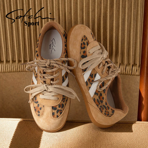 沙驰豹纹复古薄底德训鞋女
