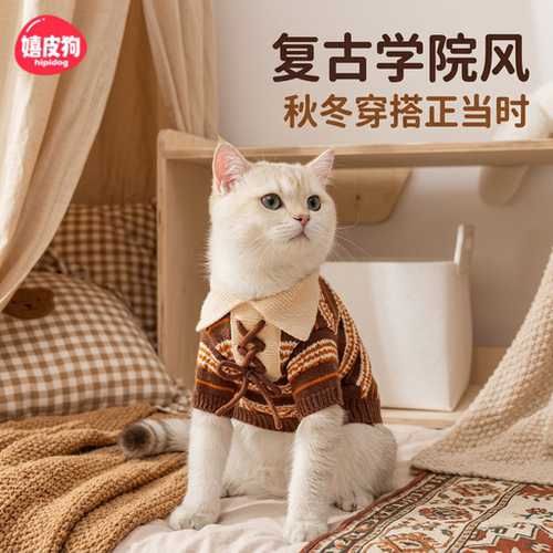 嬉皮狗复古学院系带翻领猫咪毛衣
