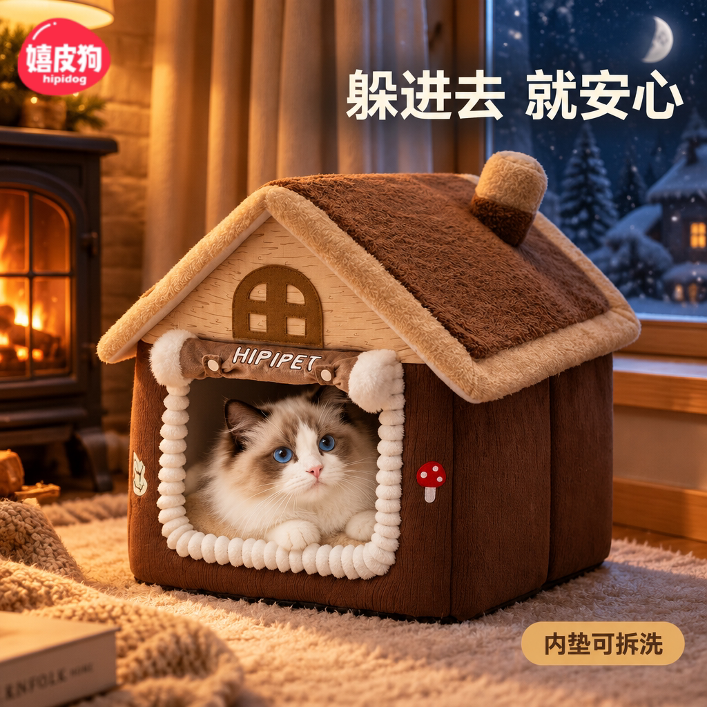 嬉皮狗封闭式猫窝冬季保暖安全感房子窝猫咪小型犬可拆洗宠物睡窝