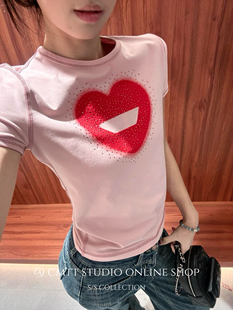 圆领美式 短袖 小众设计爱心印花烫钻修身 辣妹T恤 现