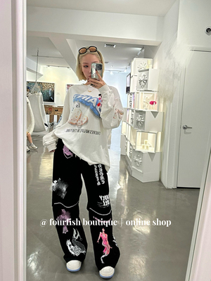 （现）小众时髦美式复古DeadlyDoll梵文印花宽松阔腿漫画休闲裤