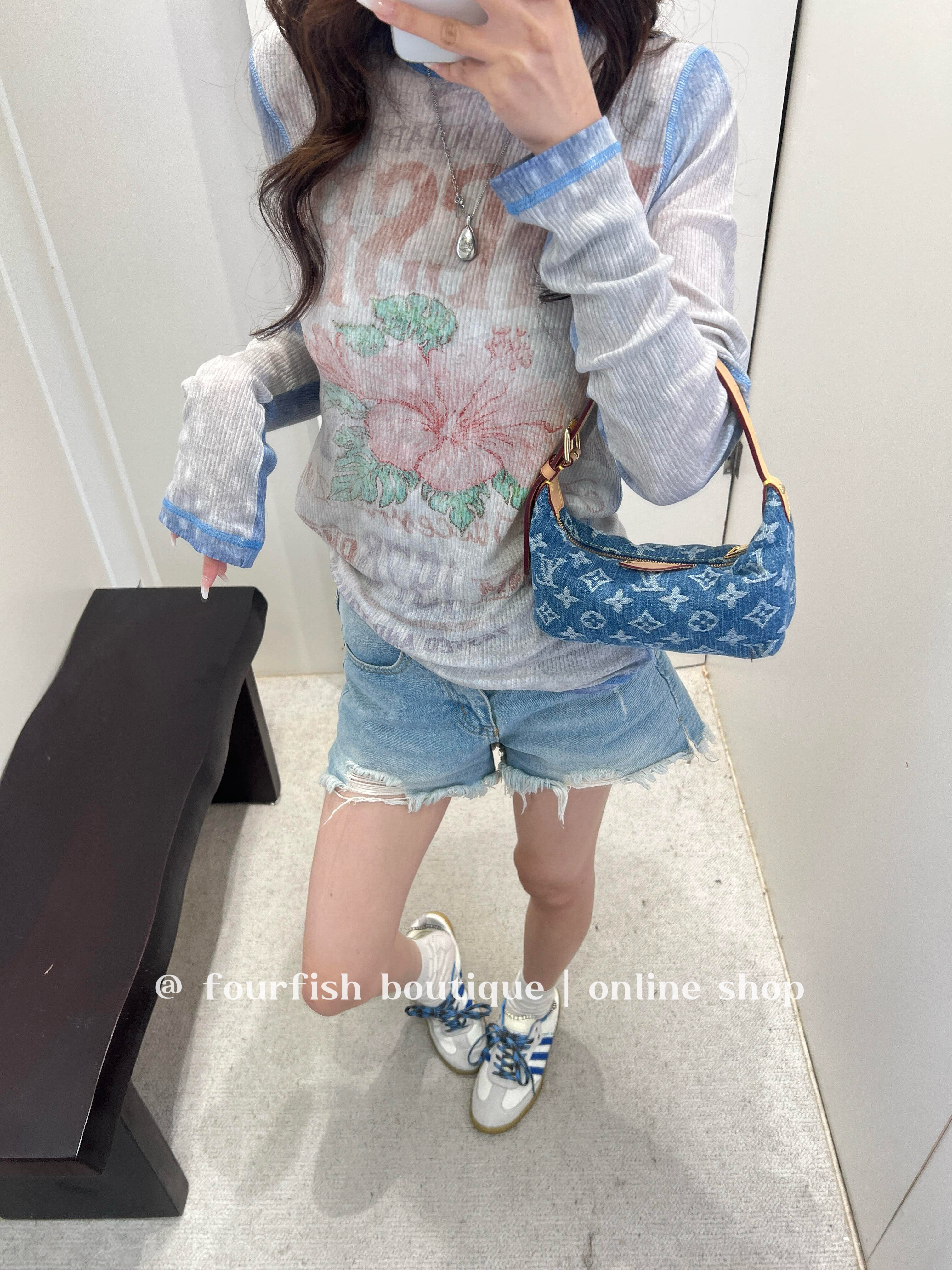 （现）小众设计复古辣妹做旧花卉印花罗纹长袖打底防晒T恤上衣