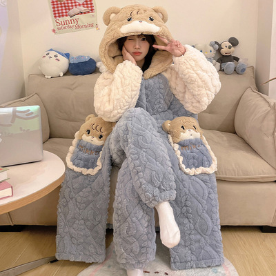 2025冬珊瑚绒时尚洋气家居服女可外穿冬季加绒加厚睡袍加裤子睡衣