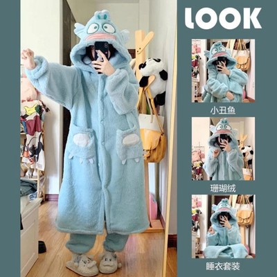 睡袍加裤子女两件套珊瑚绒时尚洋气家居服可外穿冬加厚加长款大码