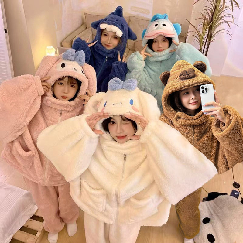 珊瑚绒睡衣女可外穿带连帽子2025新款冬季加厚加绒家居服两件套装