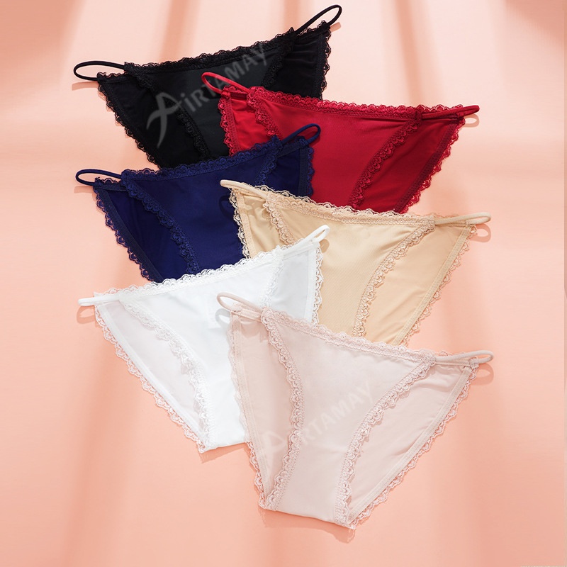 跨境法式蕾丝拼接大码中腰内裤 无痕冰丝纯棉裆女士三角内裤