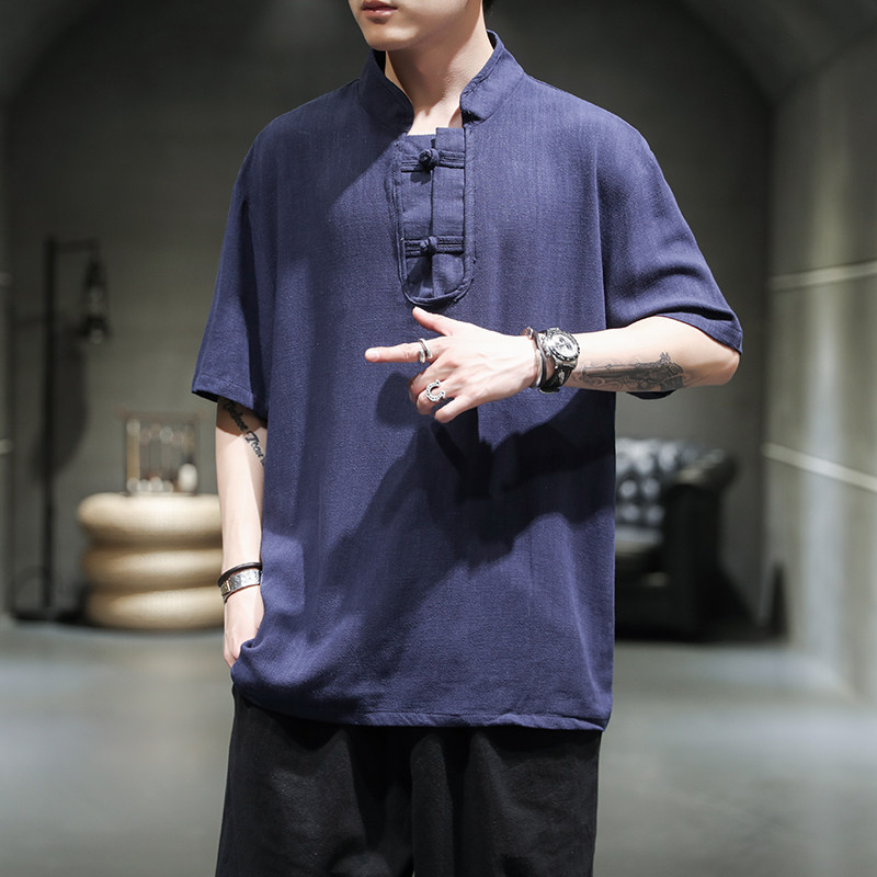 风夏季新款男士宽松盘扣棉麻衬衫休闲短袖T恤219-2-W18-P55,男装T恤,星座219-2