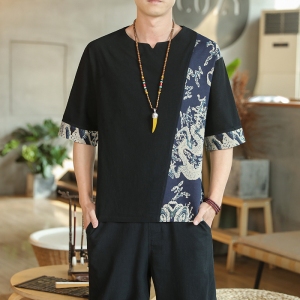 风夏季新款棉麻男士宽松短袖休闲拼接T恤219-2-8889-P30图片