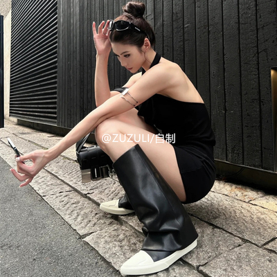 【牛皮版】黑色尖头内增高高筒靴